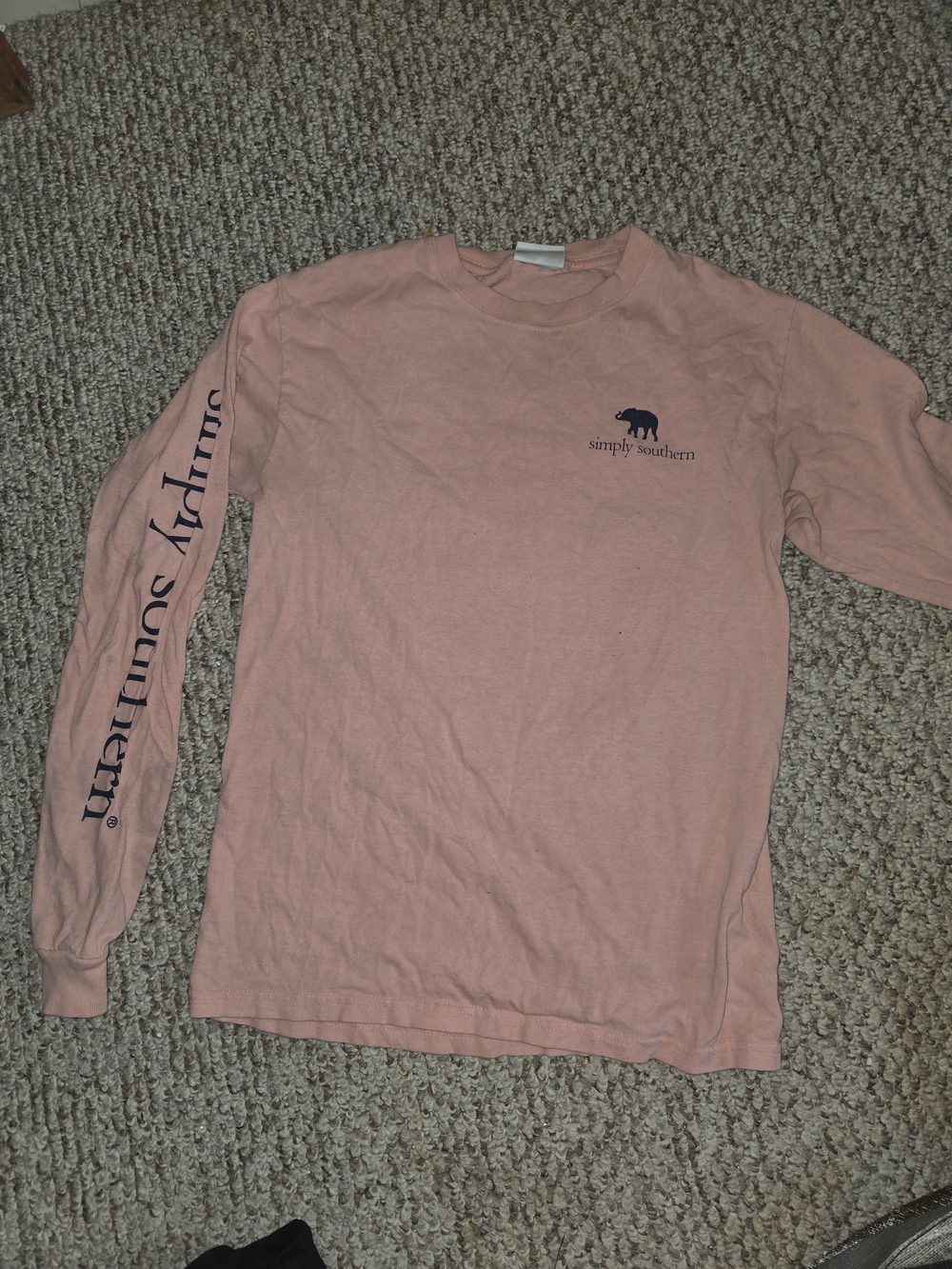 Simply Southern Long Sleeve Tee in Peach Pink with Navy Logo